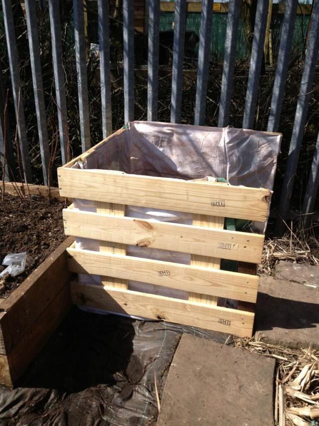 Compost bin lined with old builders bag by Liz Ackerly (and hubby)