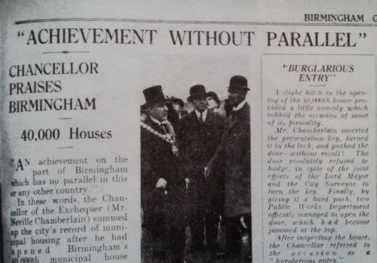 The Birmingham Gazette article marking Chamberlain's formal opening of the city's 40,000 th council home in February 1933
