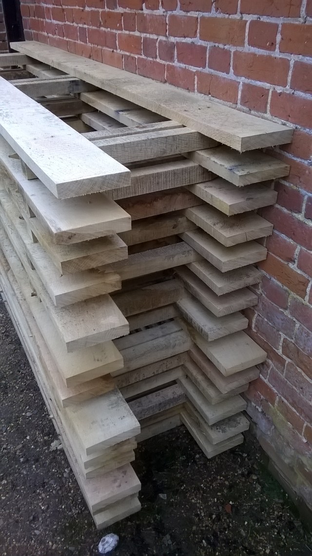 Oak boards and pegs awaiting installation